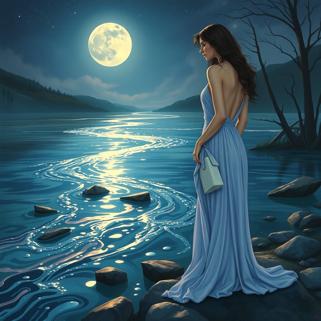 Moonlit River Dreamscape in Art Nouveau Style