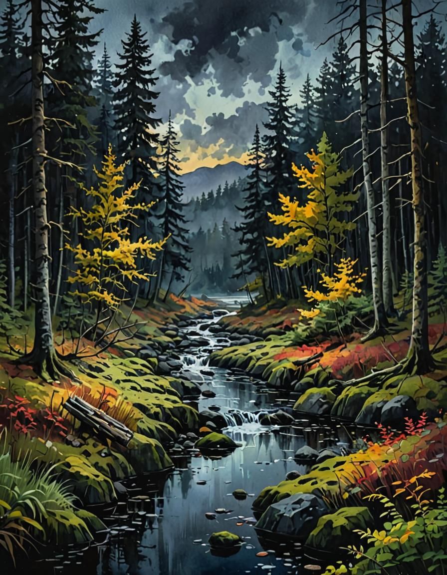 Autumn Forest River in Gouache Watercolor Style