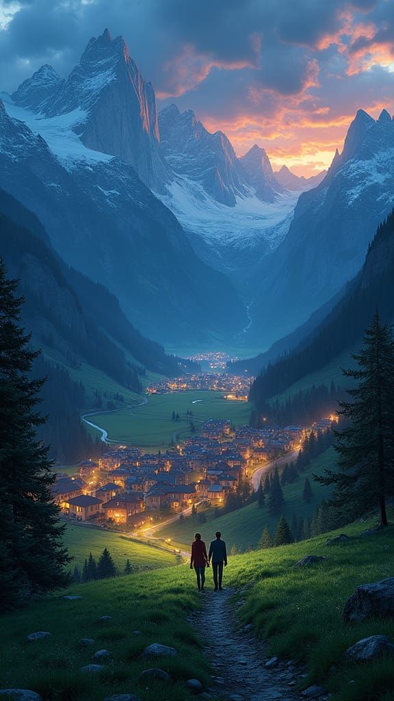 Alps Village at Night: Couple Walking in Hyperrealistic Spla...