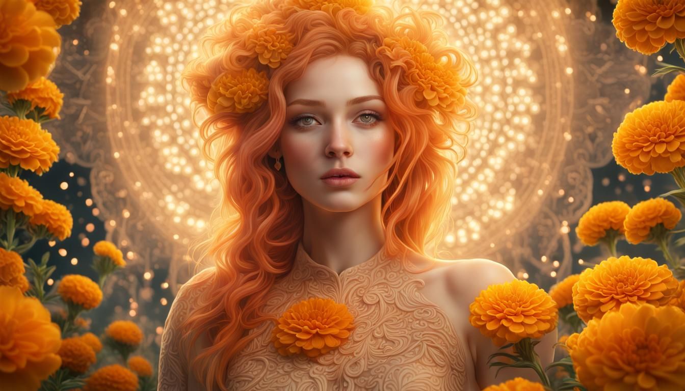 Beautiful Woman with Marigolds in Hyperrealistic Style