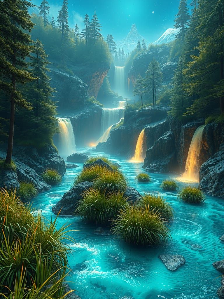 Surreal Dreamscape with Sapphire Rivers in Digital Art Style