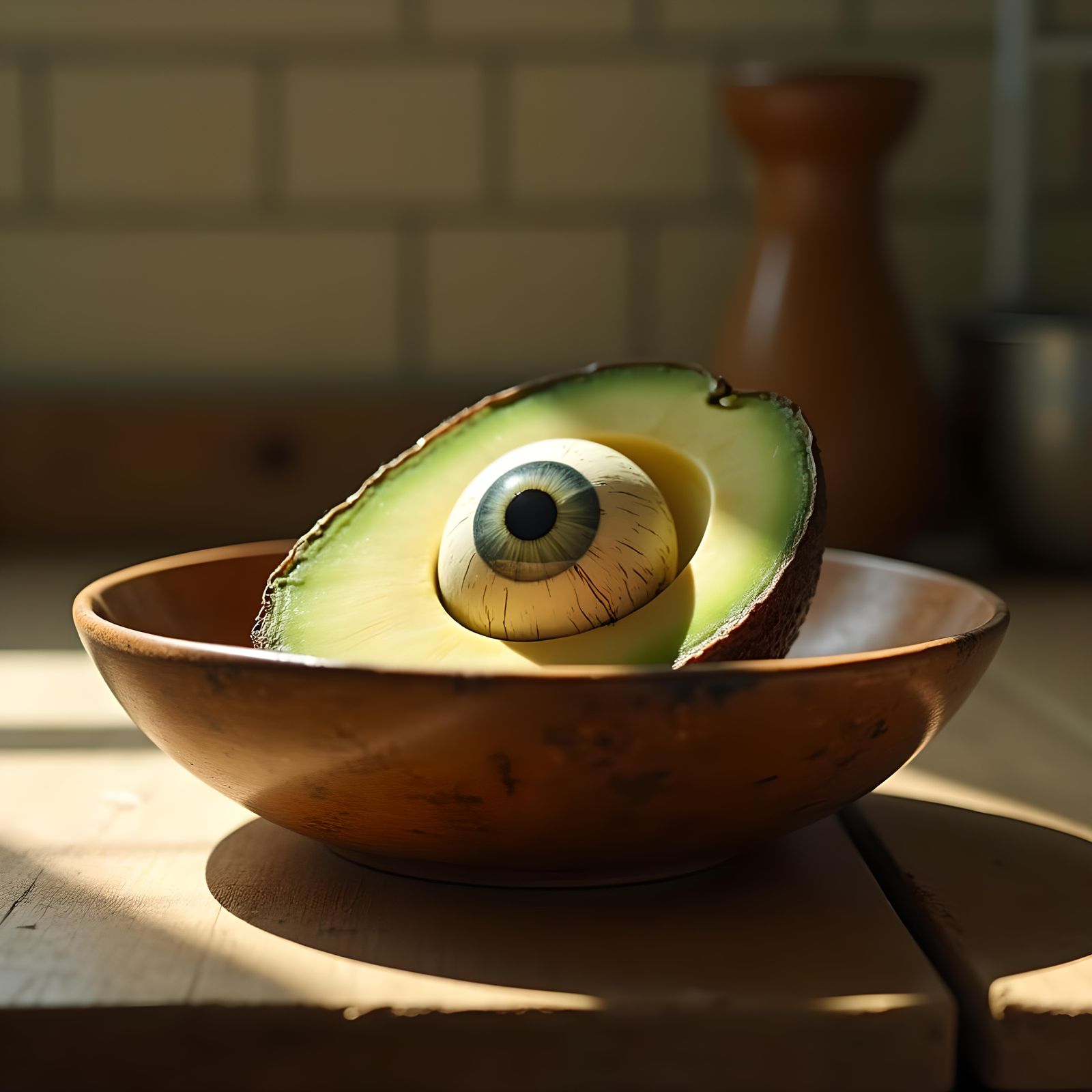 Surreal Eyeball Avocado in Kitchen Bowl