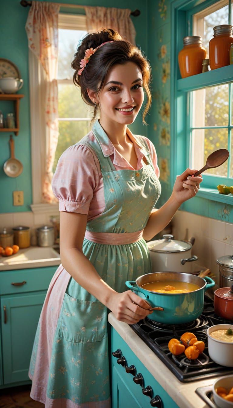 1960s Housewife Making Soup in a Retro Kitchen