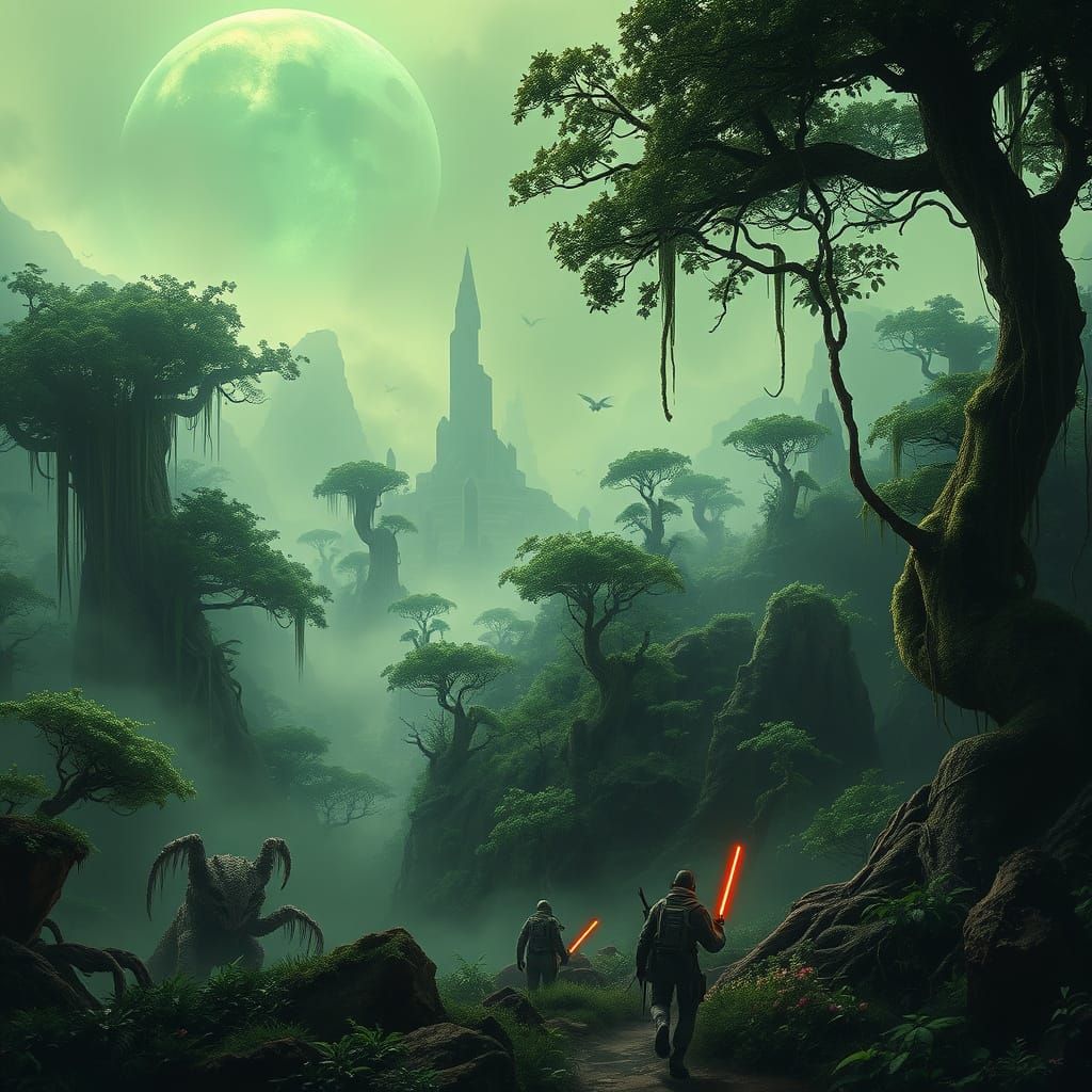Lush Jungle Moon in a Futuristic, Bioluminescent World