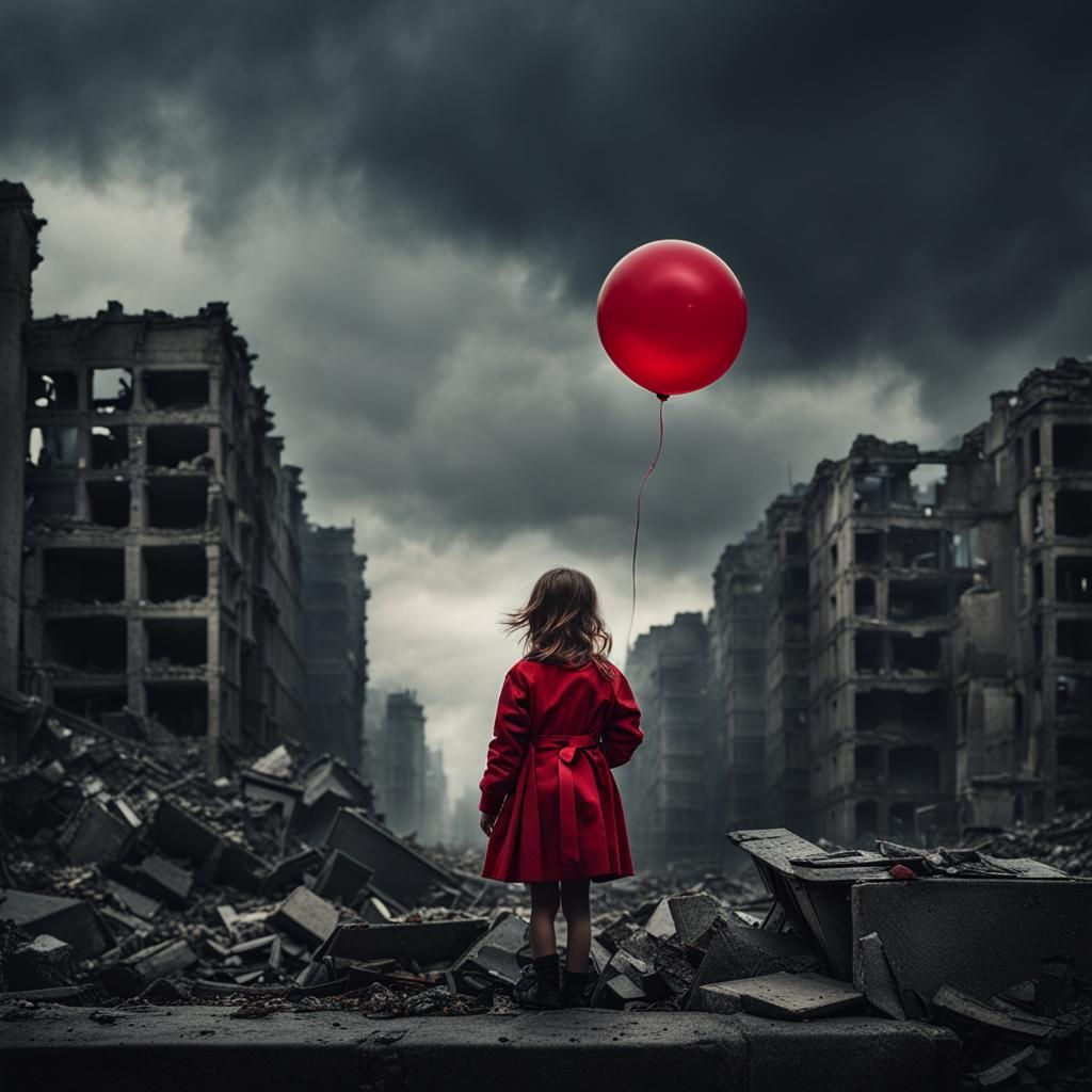 Girl with Red Balloon in Cyberpunk City Ruins