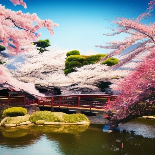 Cherry Blossoms in Japanese Garden with Dragonflies