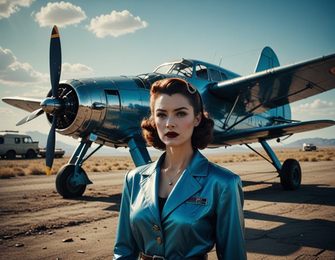 Retro-Futuristic Pinup with Biplane and Vehicle in Dramatic ...