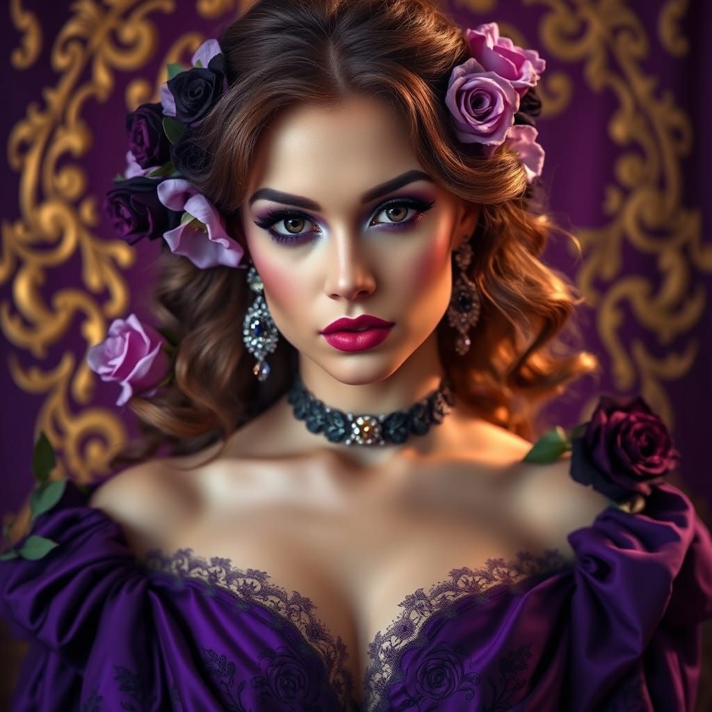 Renaissance Woman with Purple Roses and Amethyst Jewels