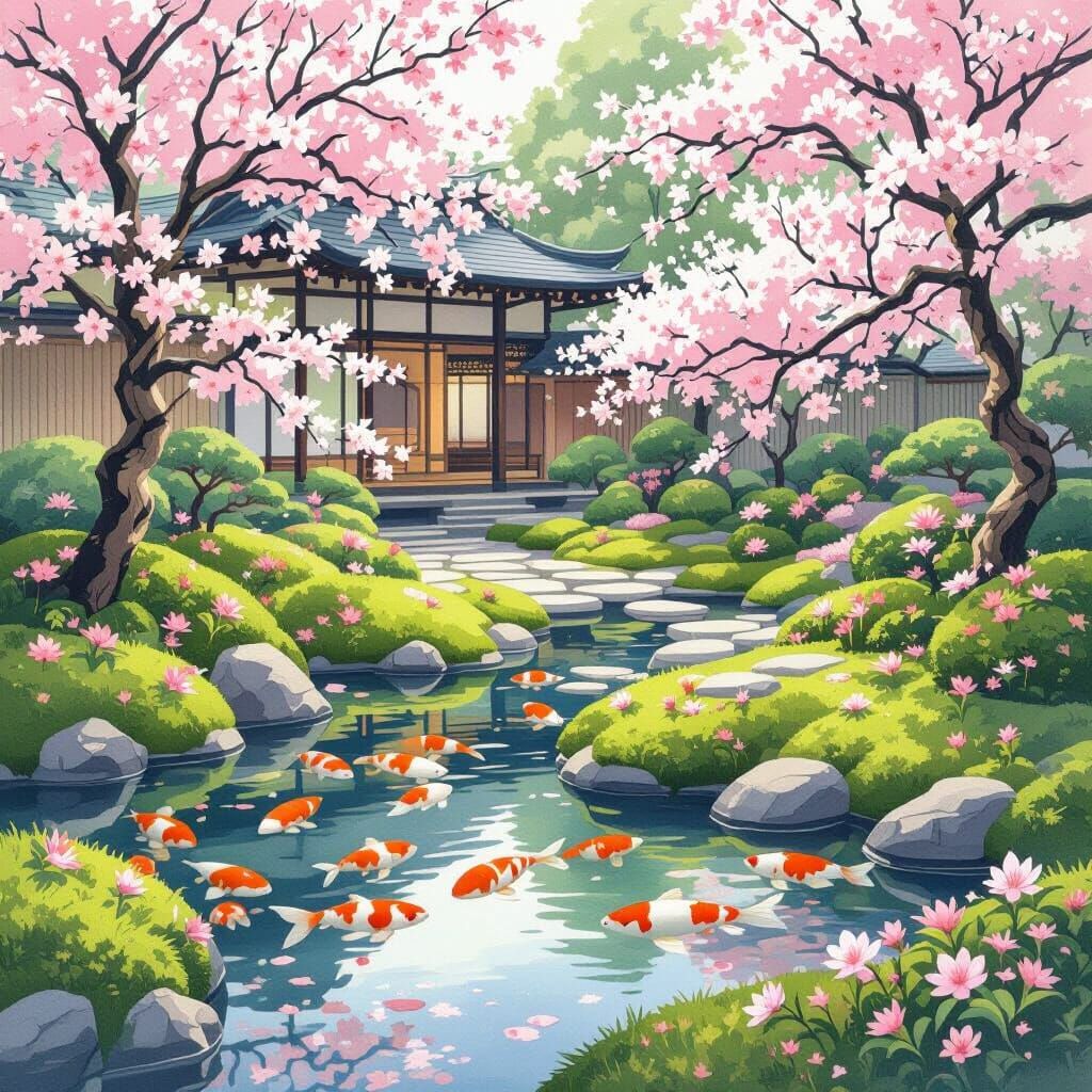 Zen Garden with Blossoms in Watercolor Style