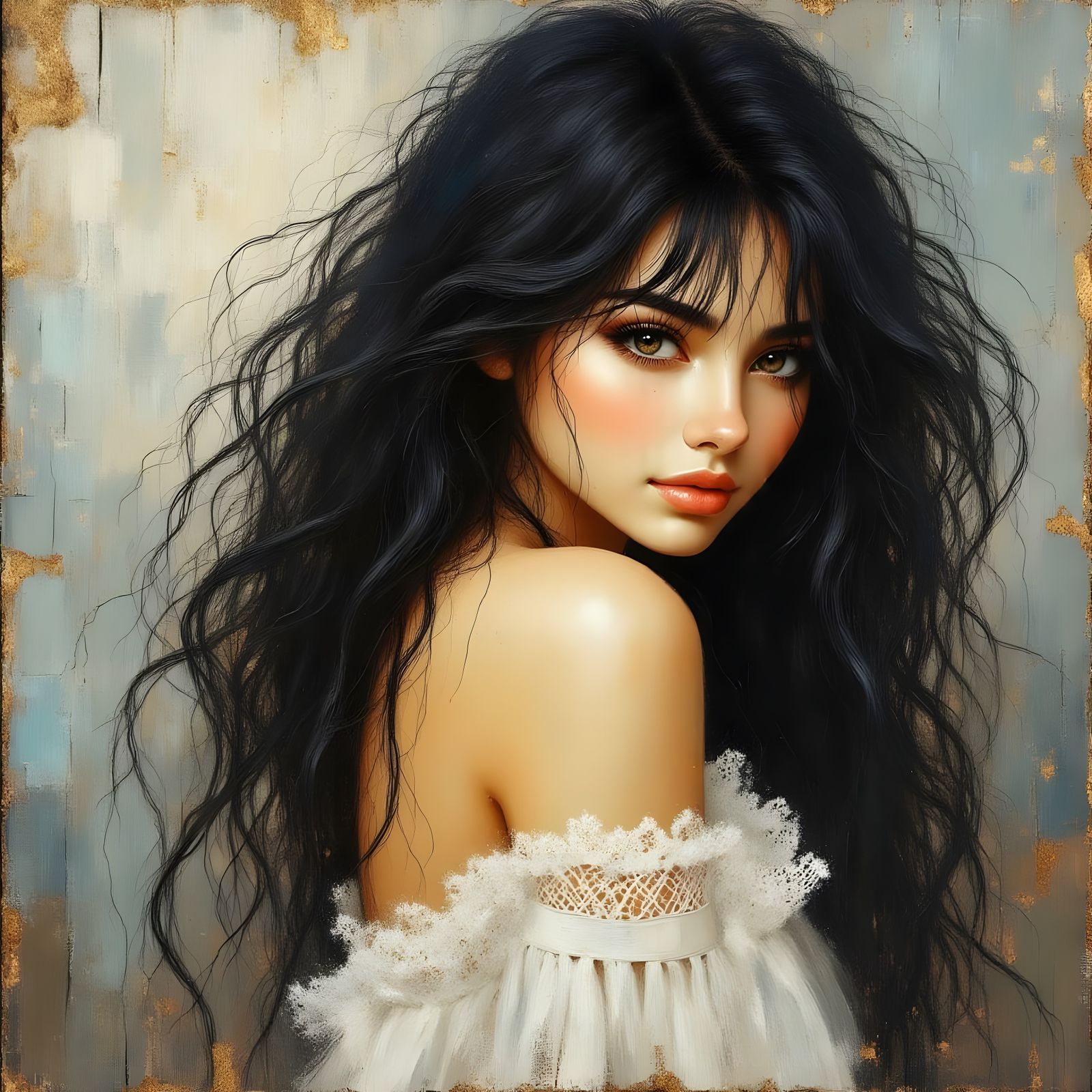 Shy Woman with Black Hair Looking Back in Oil Painting Style