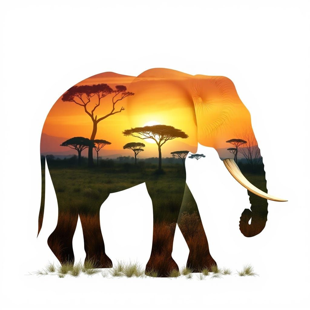 African Savannah Inside Elephant Silhouette, Detailed Matte ...
