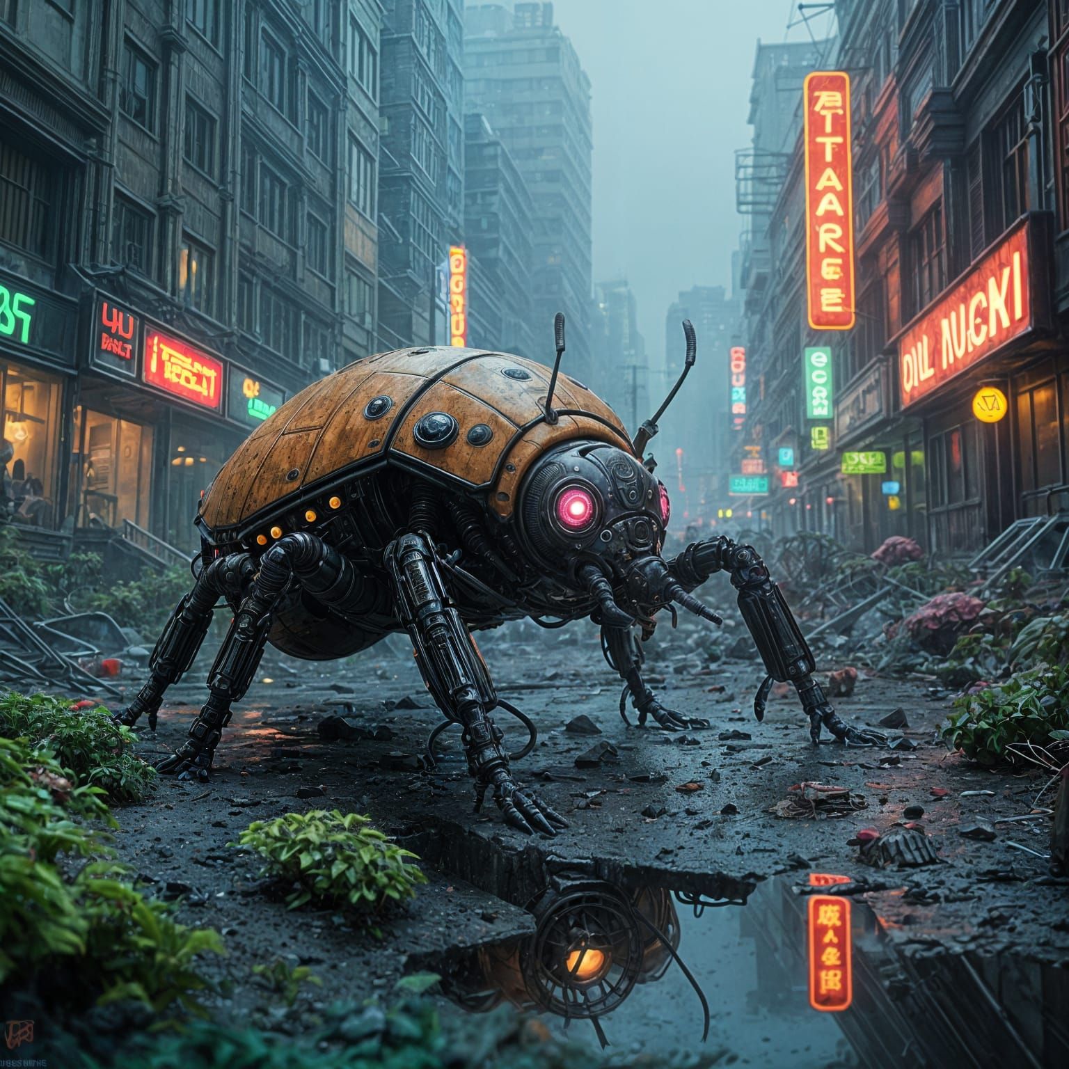 Mechanical Scarab Crawls Through Dark Cyberpunk Ruins