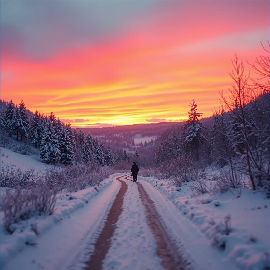 Snowy Valley Sunset Walk in Anime Style