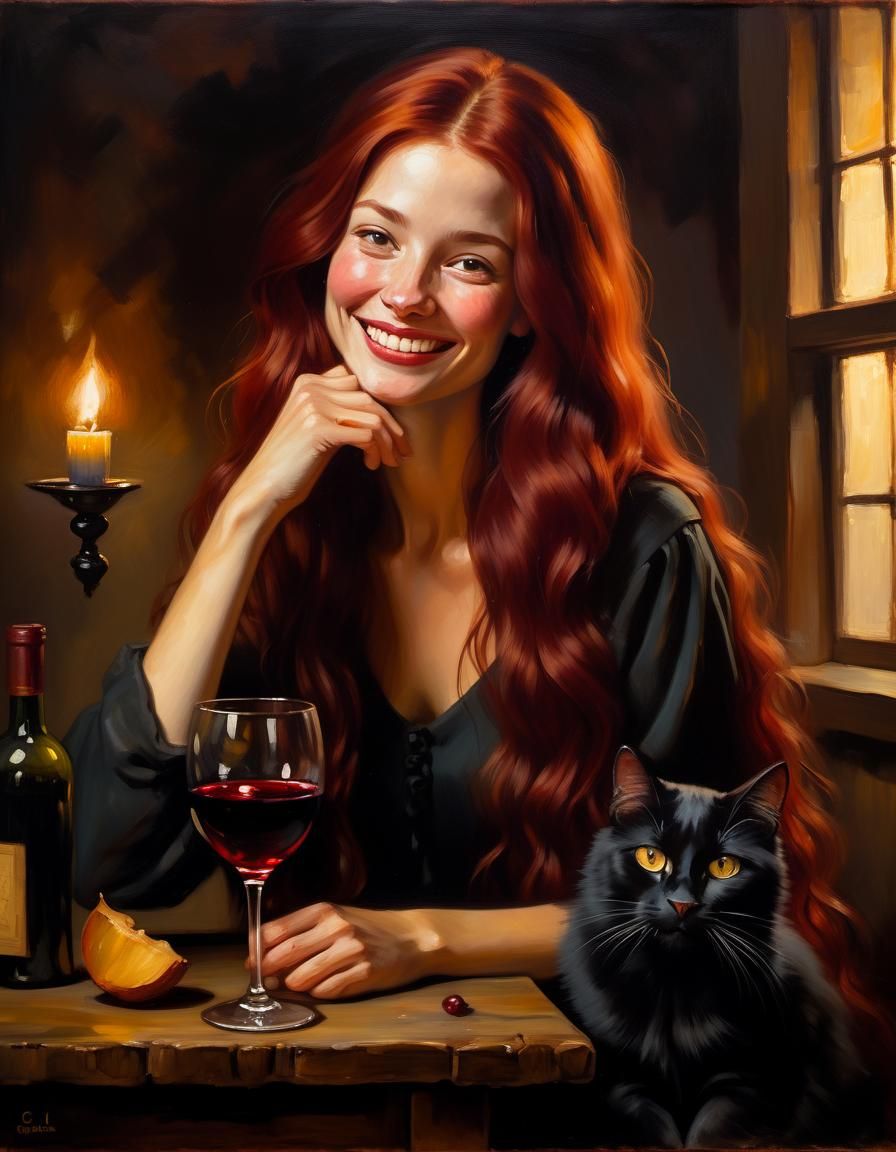 Cozy Oil Painting of a Beautiful Woman with Dark Red Hair an...