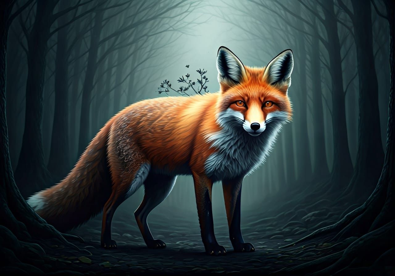 Shadow Fox in Eerie Forest, Mystical Realism Style