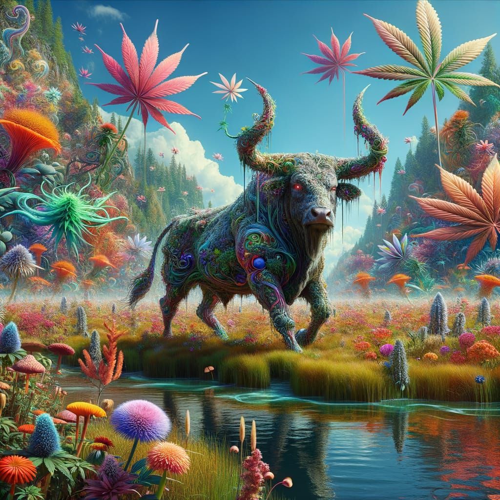 Surreal Psychedelic Scene with Bull and Spring Hues