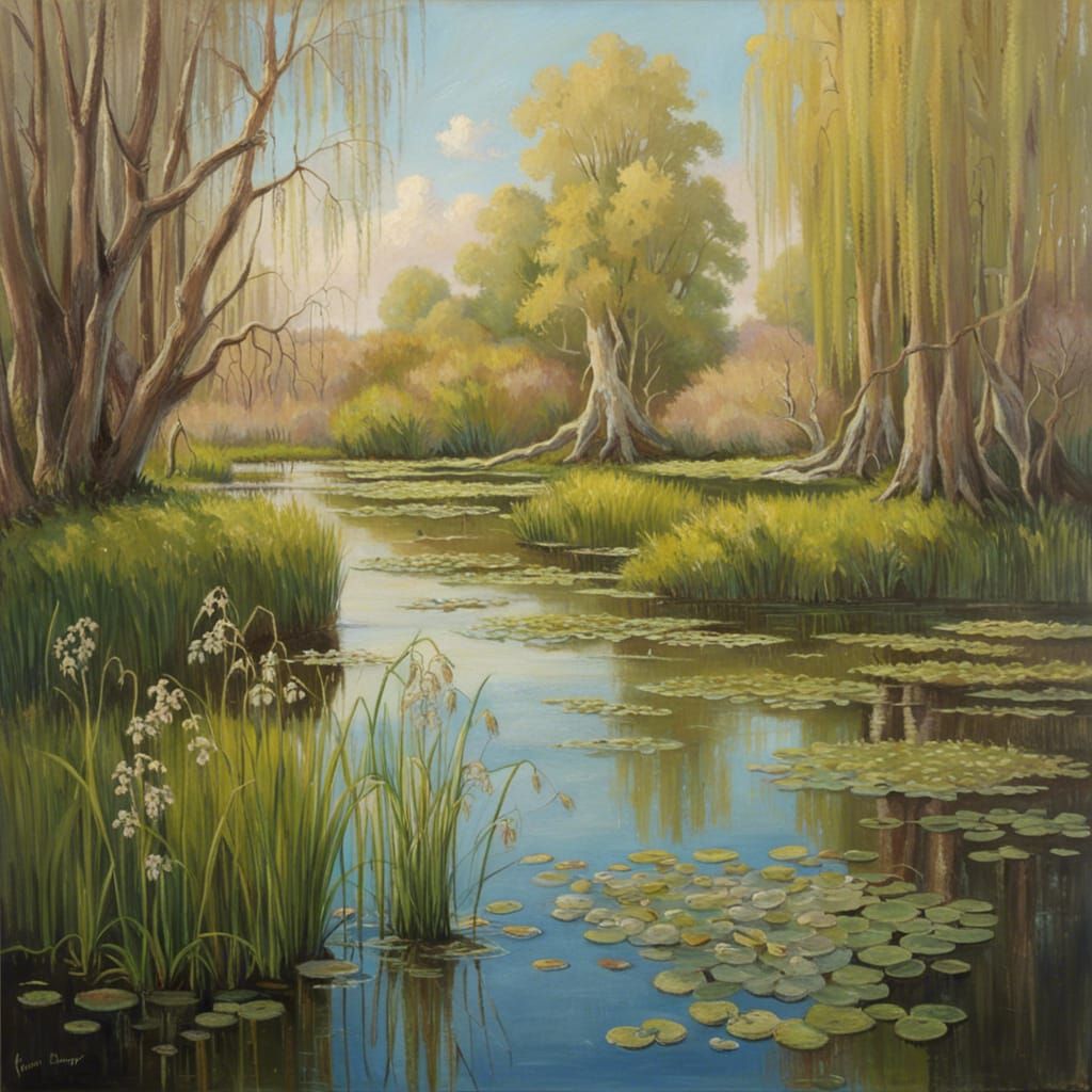 Idyllic Cottagecore Wetland in Spring Sunlight