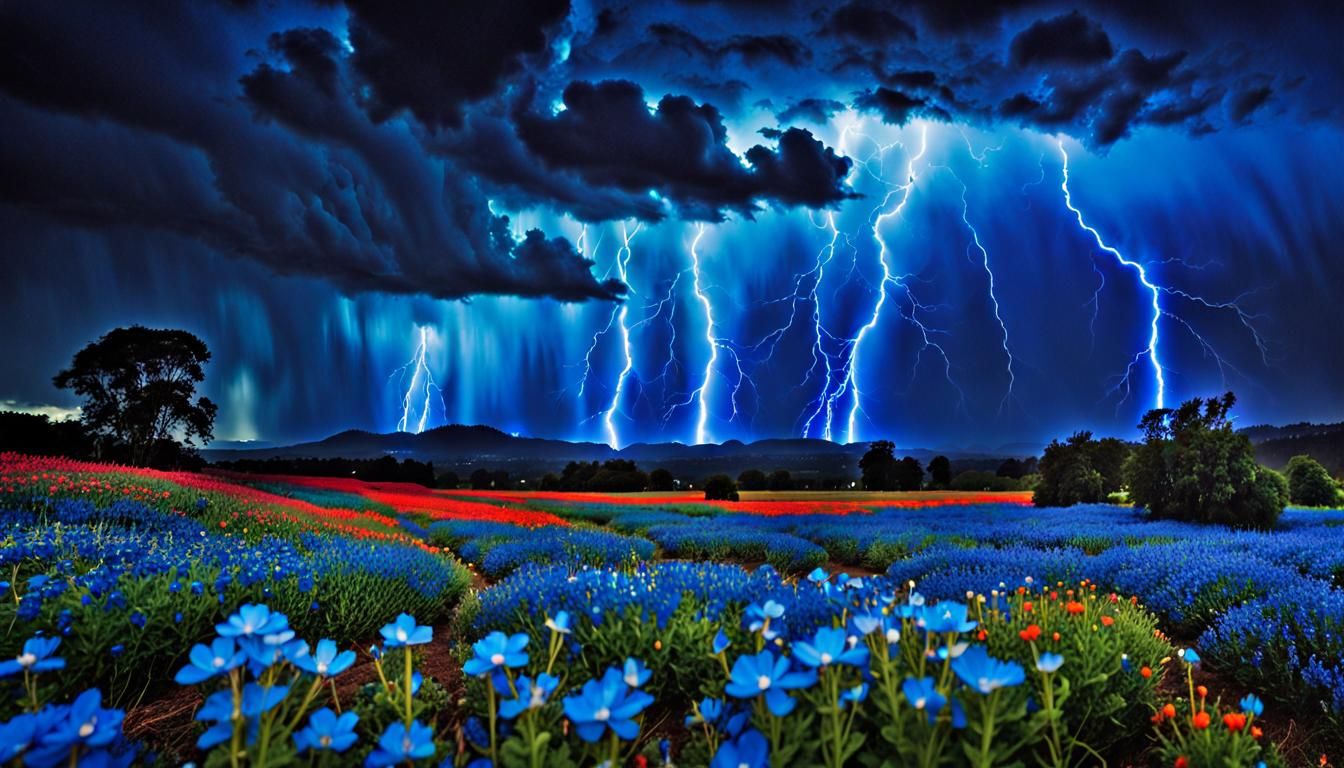 Bioluminescent Wildflower Field Under Stormy Sky