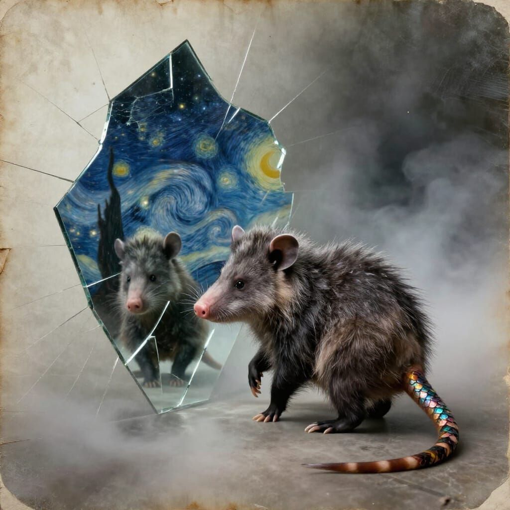 Surreal Opossum Reflection in Shattered Mirror