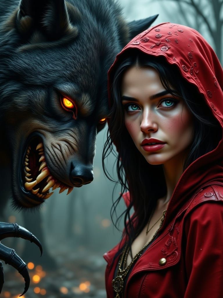 Little Red Riding Hood's Dark Encounter in Hyperdetailed Sty...
