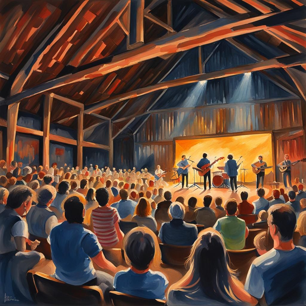 Rock Concert in Barn as Gouache Painting
