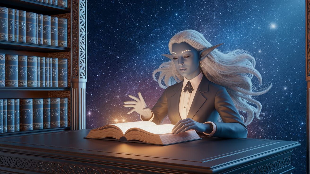 Ethereal Aasimar Librarian Tends Celestial Shelves in Art No...