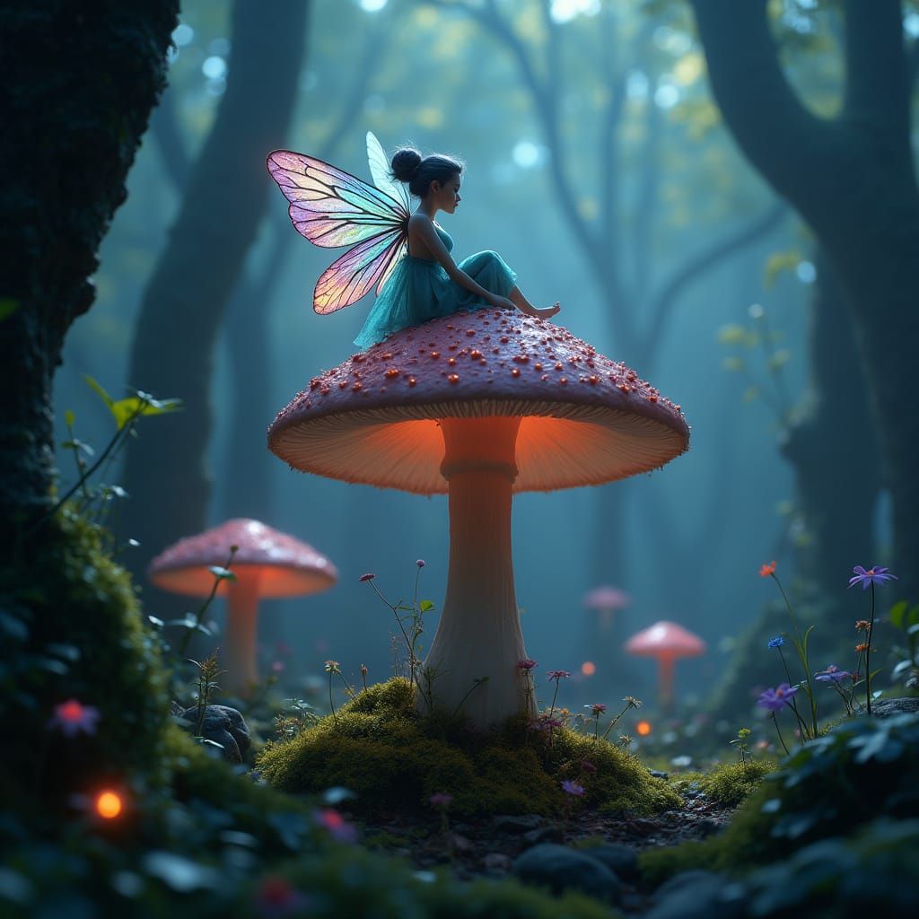 Fairy on Mushroom in Bioluminescent Forest