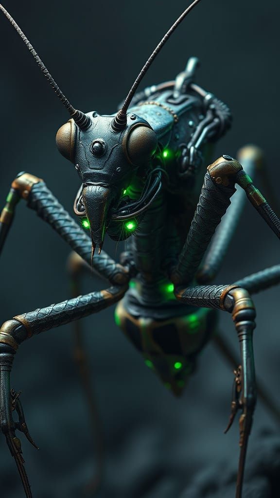 Biomechanical Praying Mantis with Bioluminescent Accents