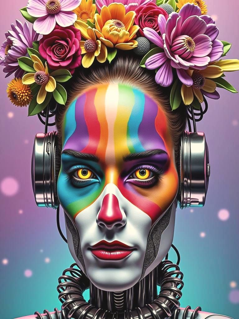 Surreal Robot Clown with Rainbow Face