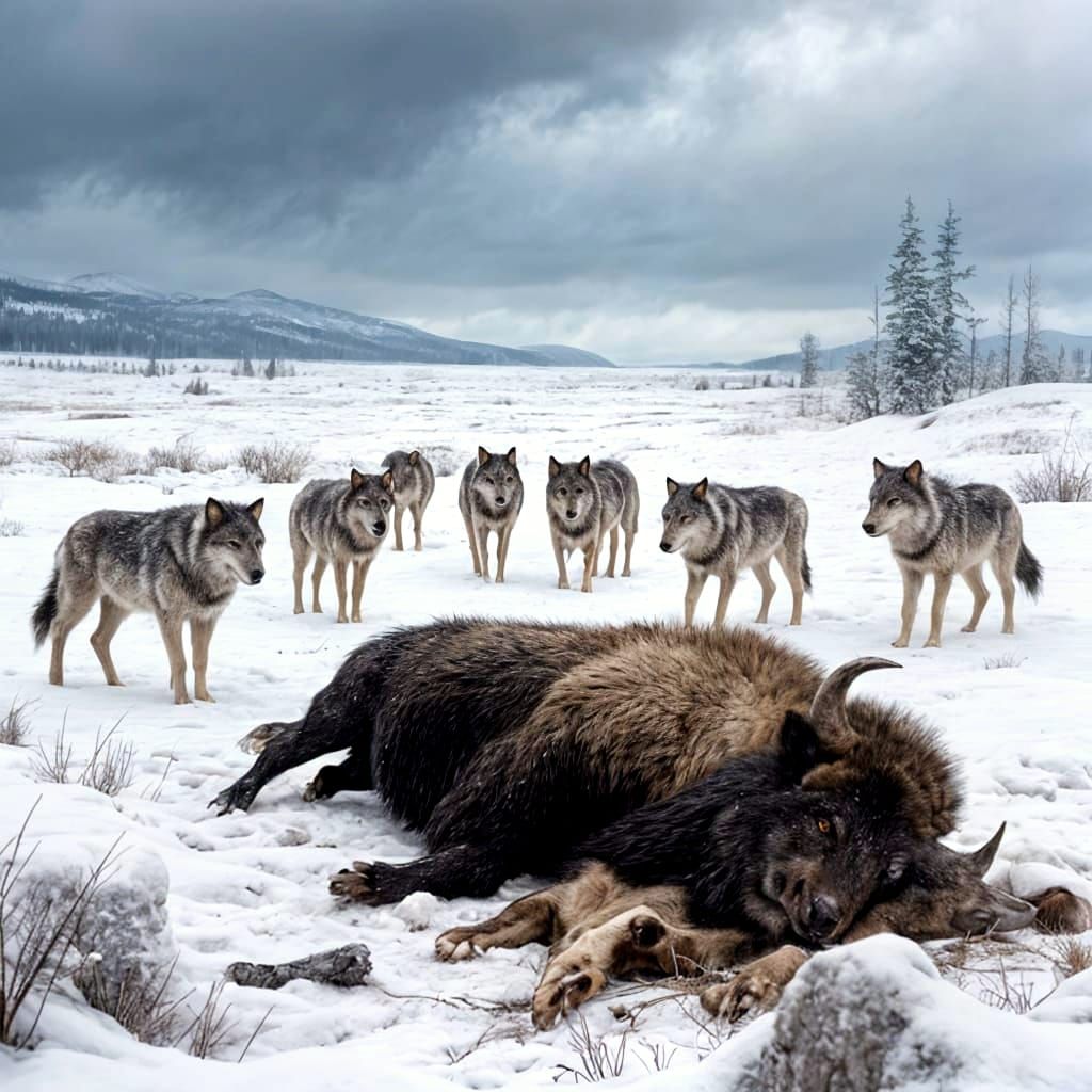 Wolves Around Bison Carcass in Snowy Wilderness