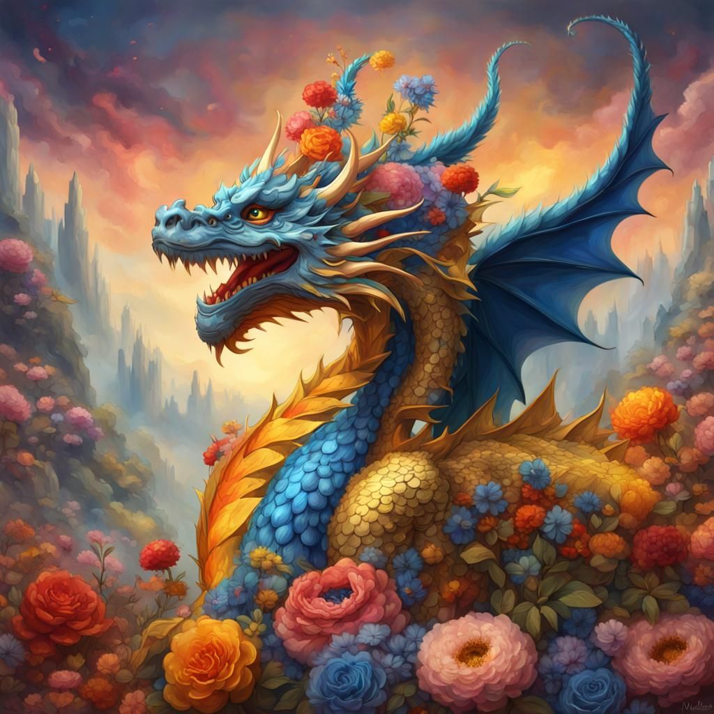 Golden Dragon and Betty Boop in a Colorful Painting