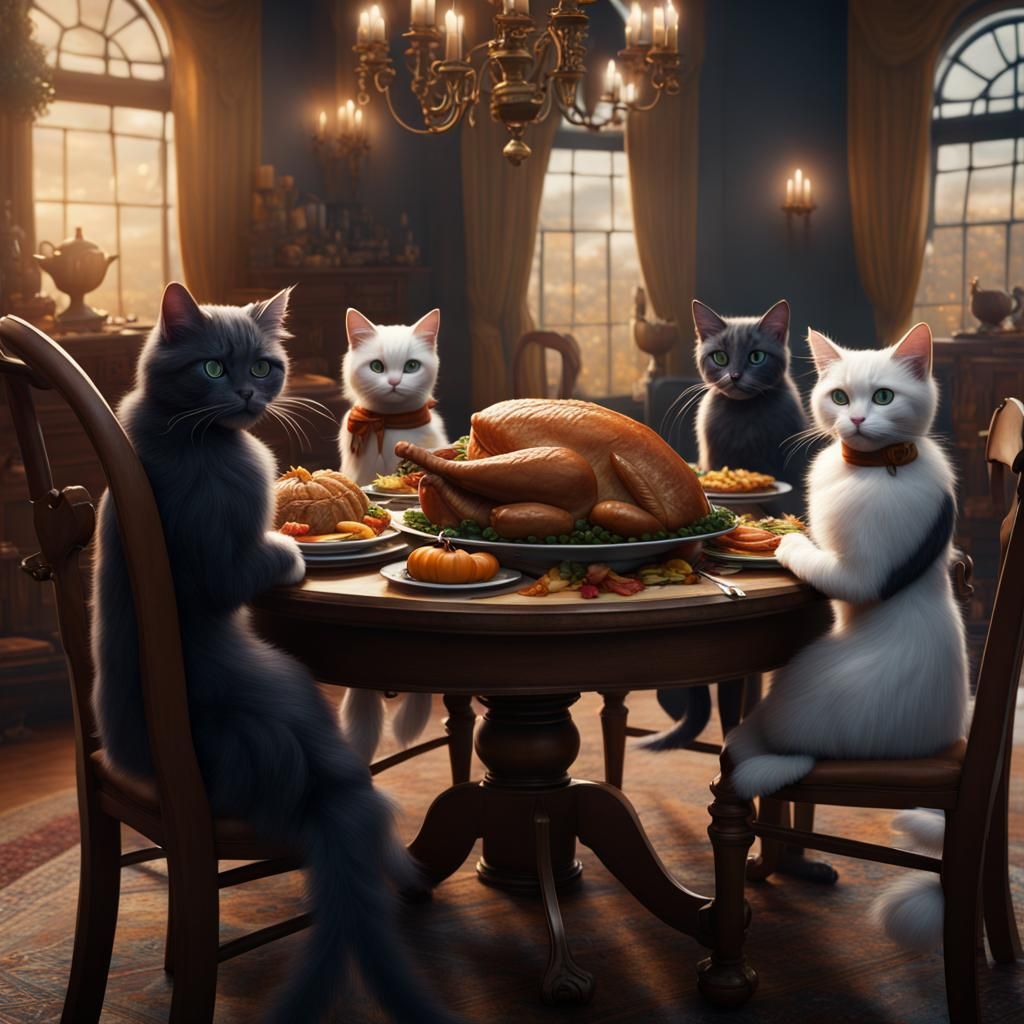 Cats Celebrate Thanksgiving: Detailed Matte Painting