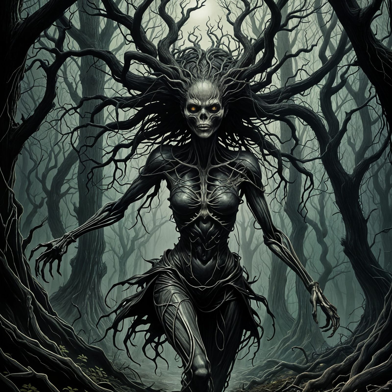 Woman Transformed into a Tree in Dark Fantasy Landscape