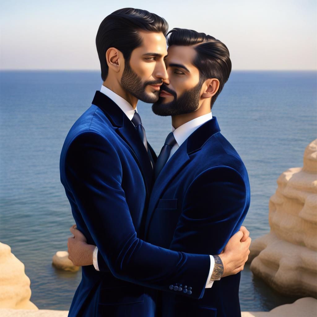 Gay Couple in Velvet Suits: Impressionist Gouache Painting