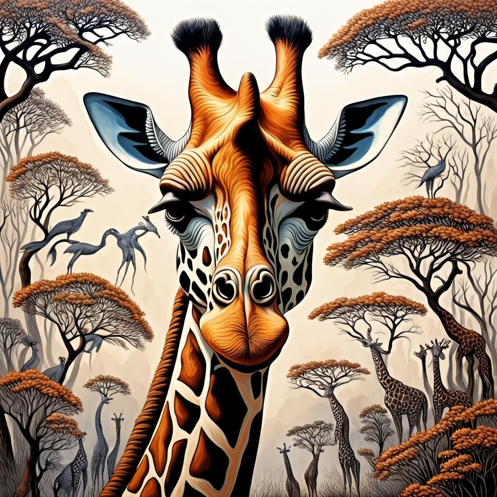 African Art Giraffe with Wildlife Mask