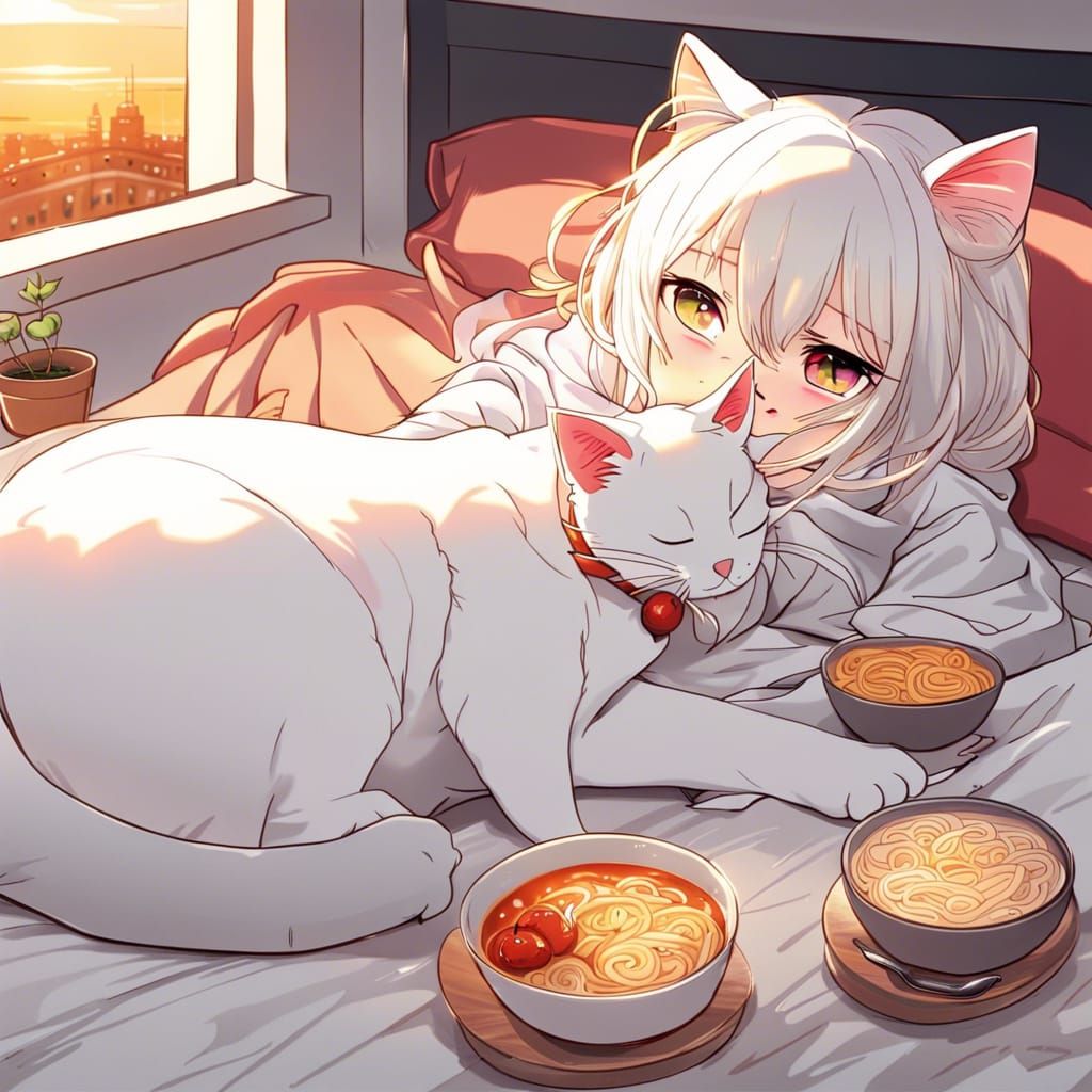 White Cat and Ramen at Sunset: Anime Style