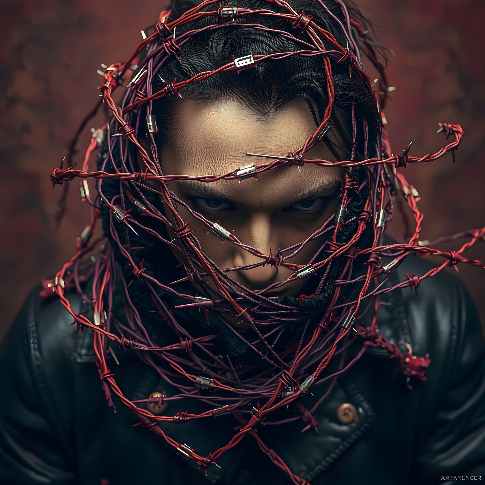 Gothic Steampunk Portrait of a Tangled, Bloody Barbed Wire E...