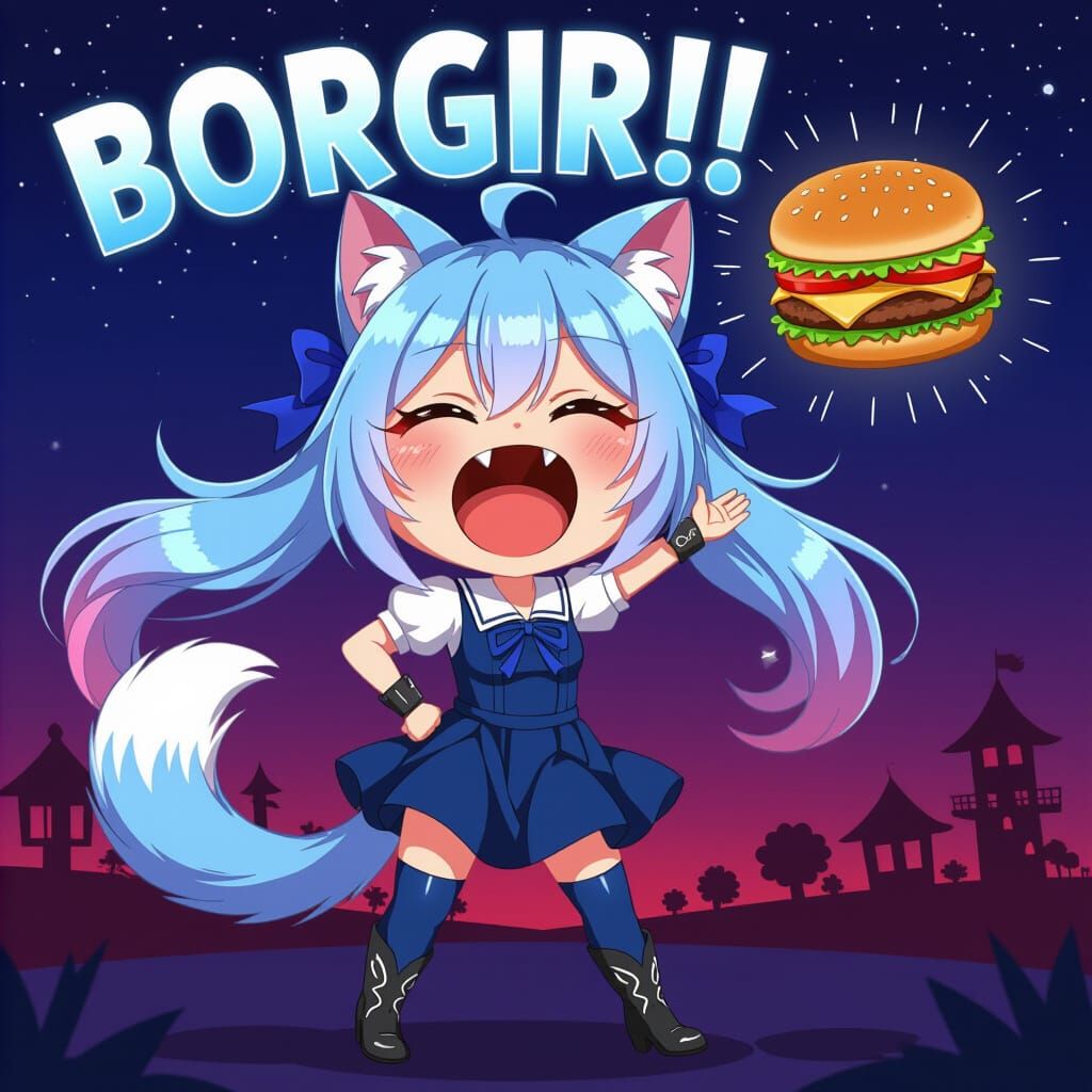 Chibi Catgirl Ready to Catch a Borgir in Synthwave Style