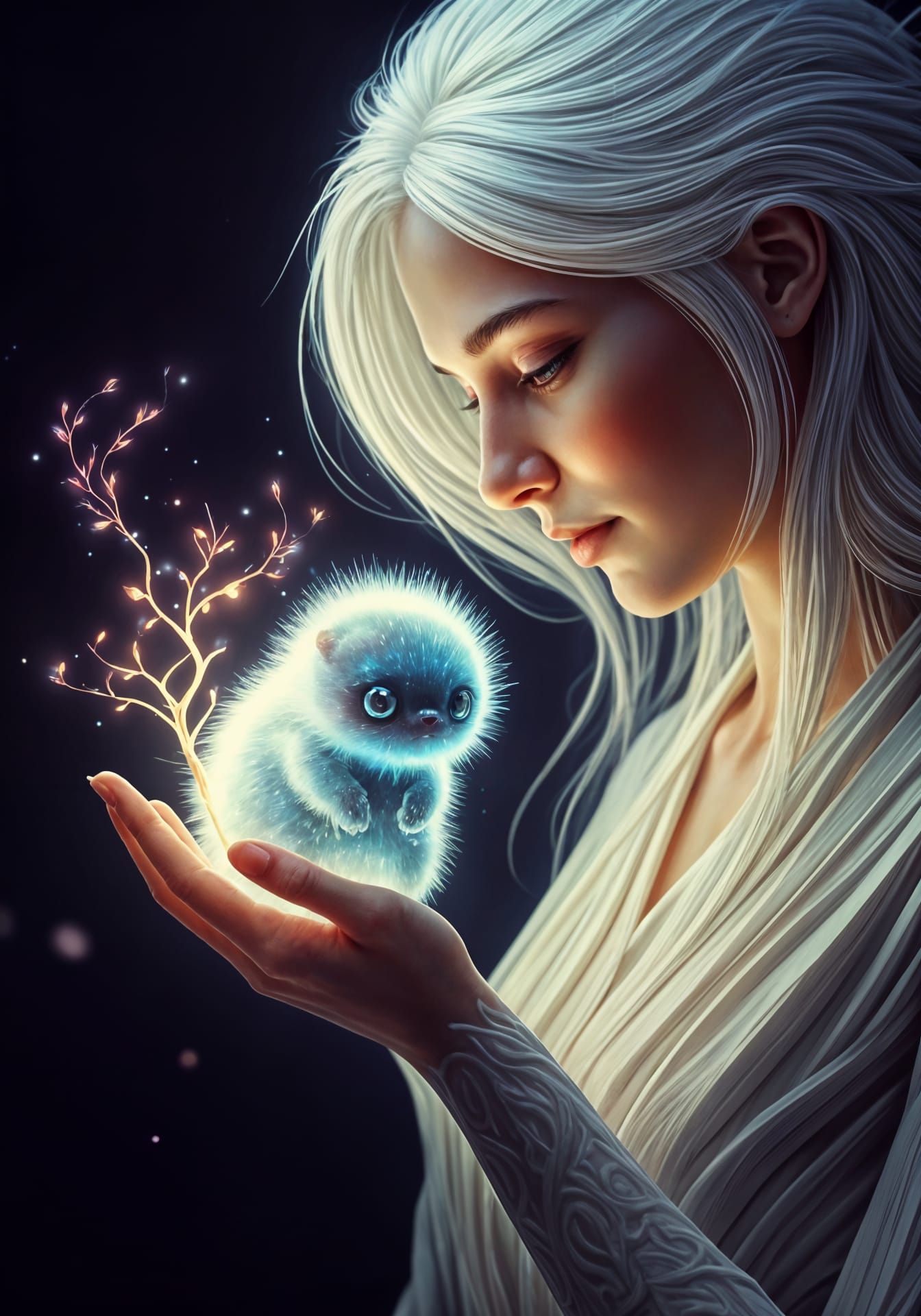 Exotic Being Holds Glowing Vine with Furry, Futuristic Creat...