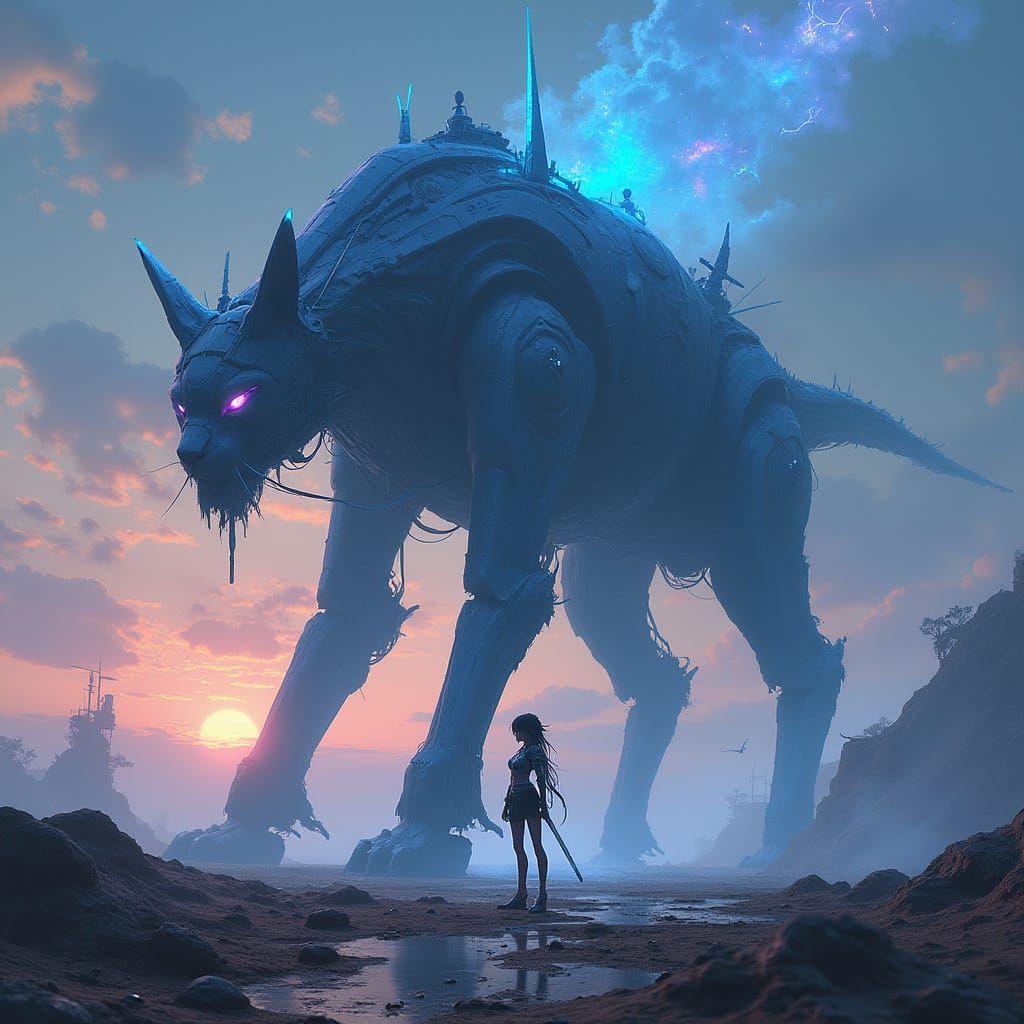 Cyberpunk Catgirl Samurai in Wasteland, Digital Art