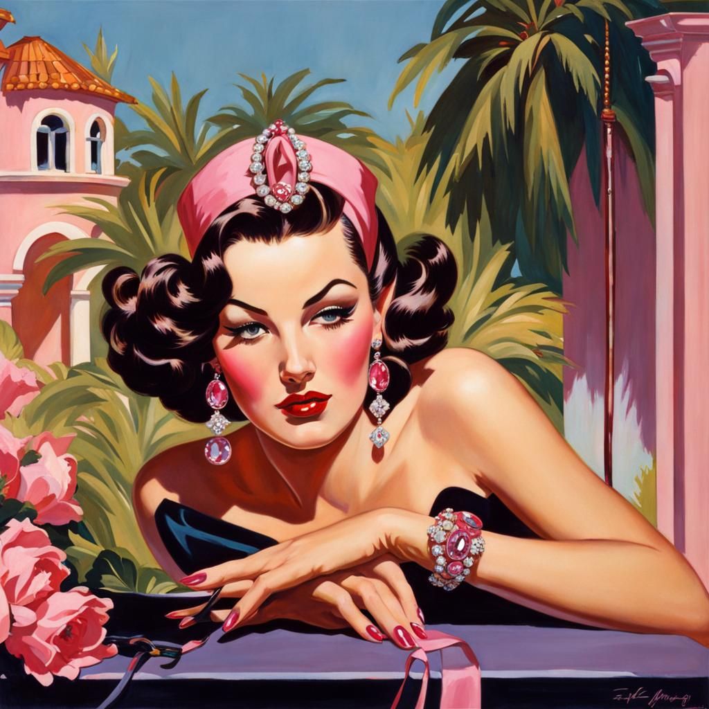 Art Deco Pin-Up Girl with Jewelery in Gouache Style