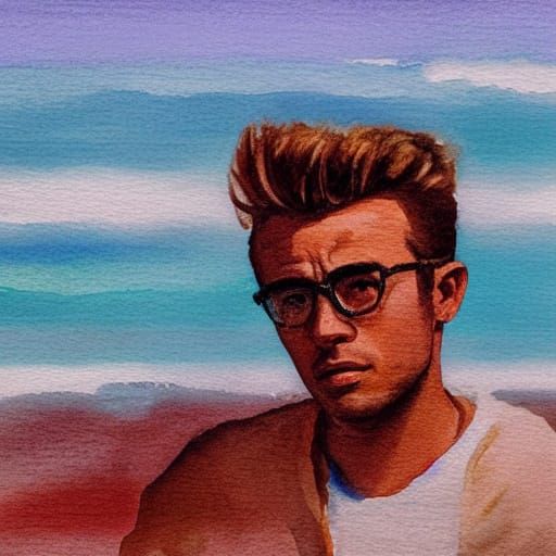 James Dean's Dreamy Beach Portrait in Watercolor