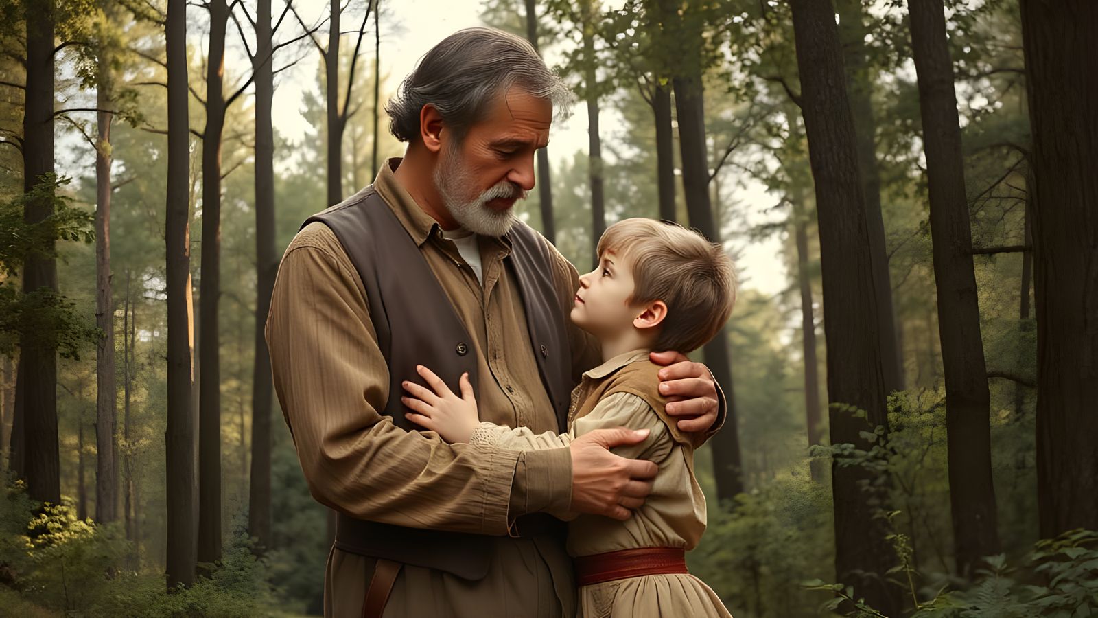Man Hugs Boy in 19th Century Forest Illustration