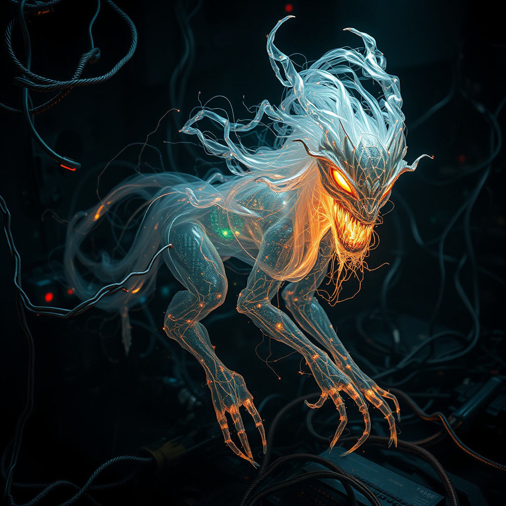 Glitch-Art Matrix Imp in Dystopian Cyberpunk Style