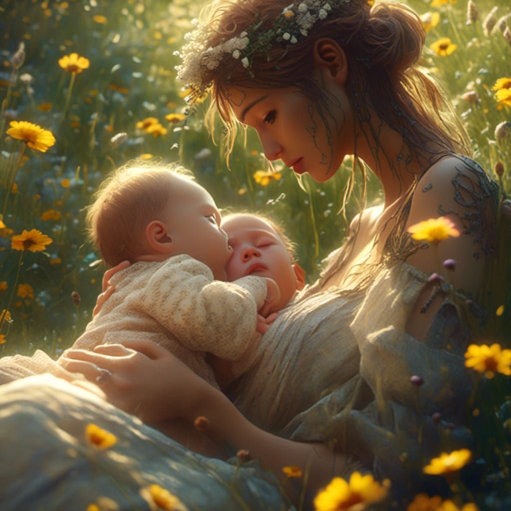 Serene Mother and Newborn in Sunlit Meadow