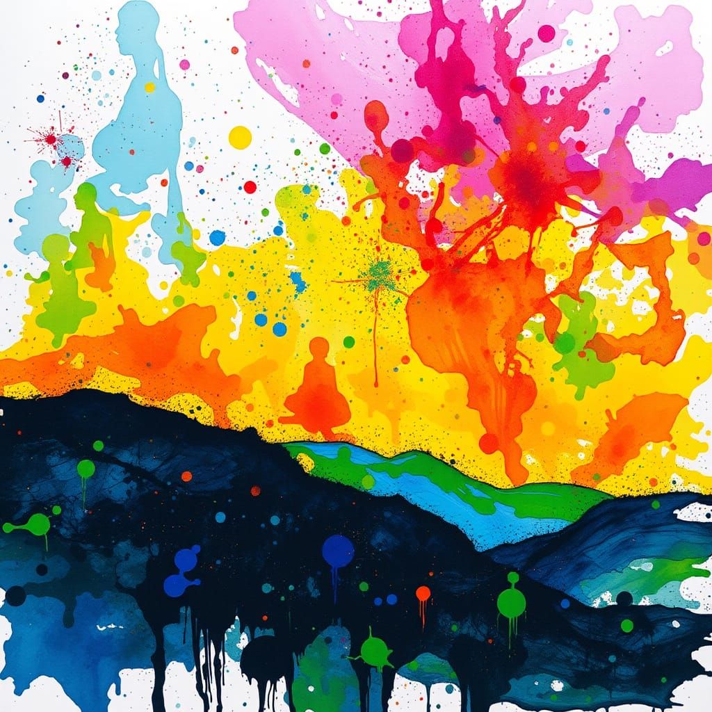 Rainbow Ink Splatter Landscape Art