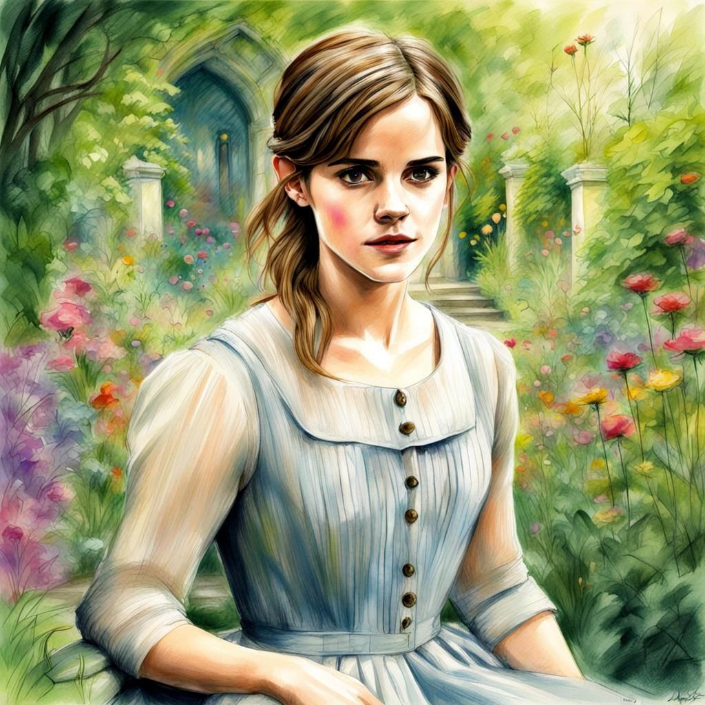 Colorful pencil Sketch of Emma Watson in a secret Garden