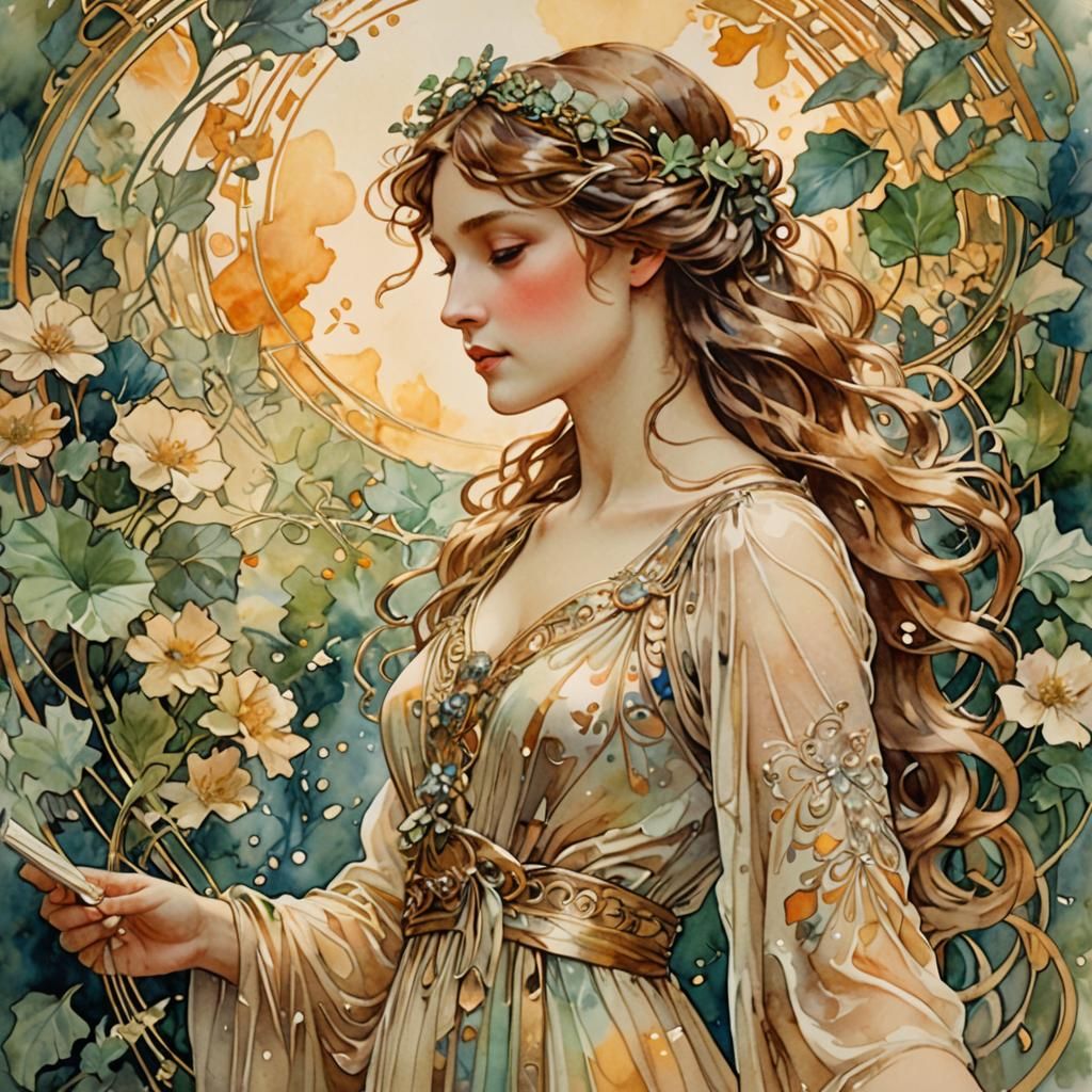 Ethereal Woman in Art Nouveau Watercolor