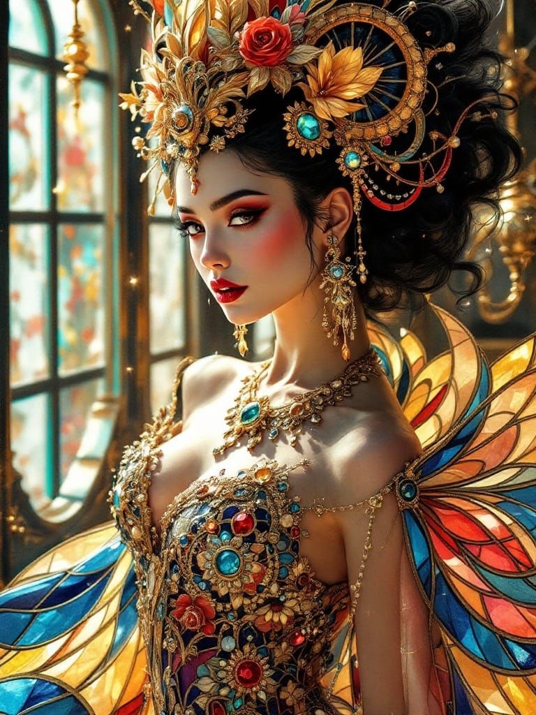 Ethereal Goddess Radiates Power in Jewel-Toned Stained Glass...