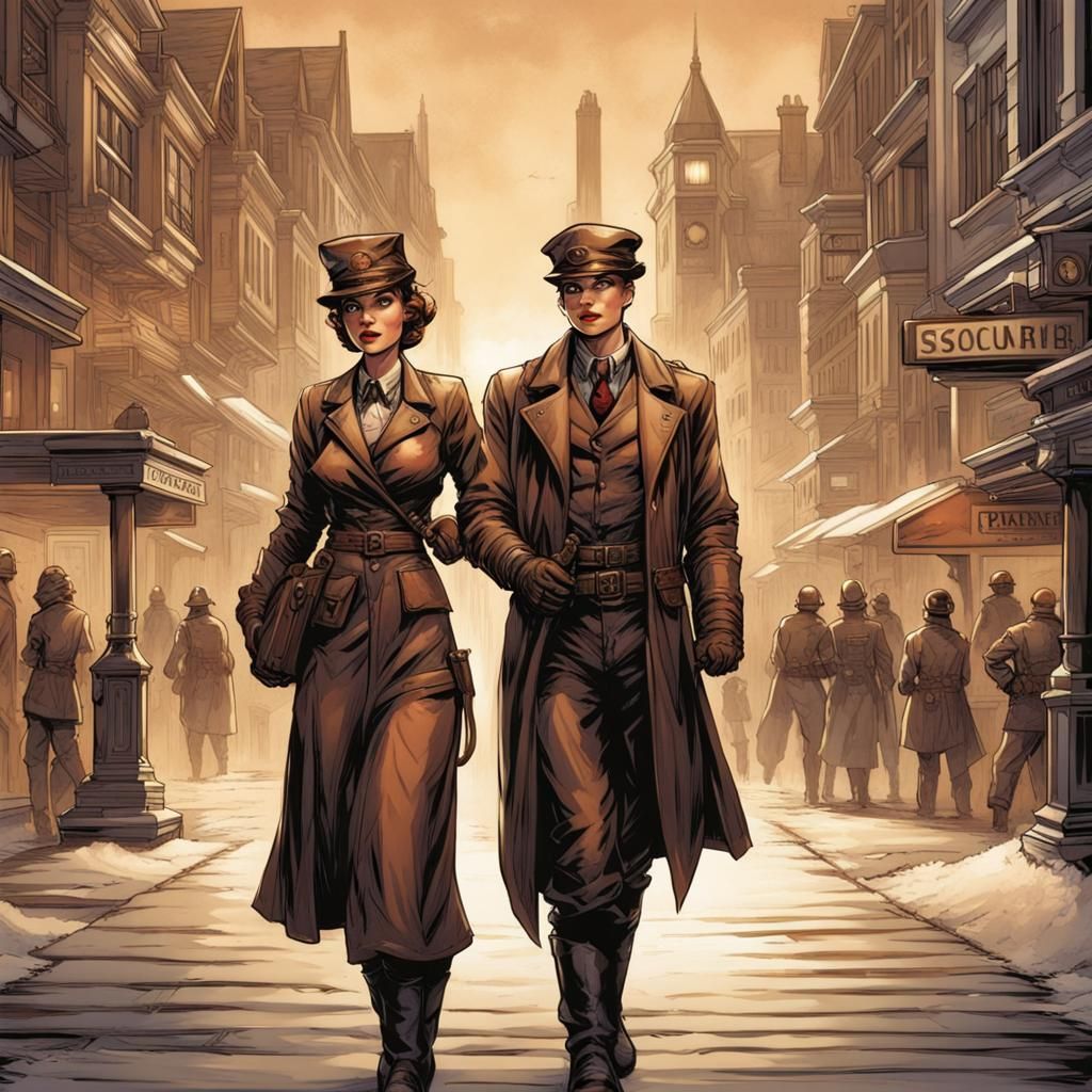 Dieselpunk Town Square Greeting in Comic Book Style